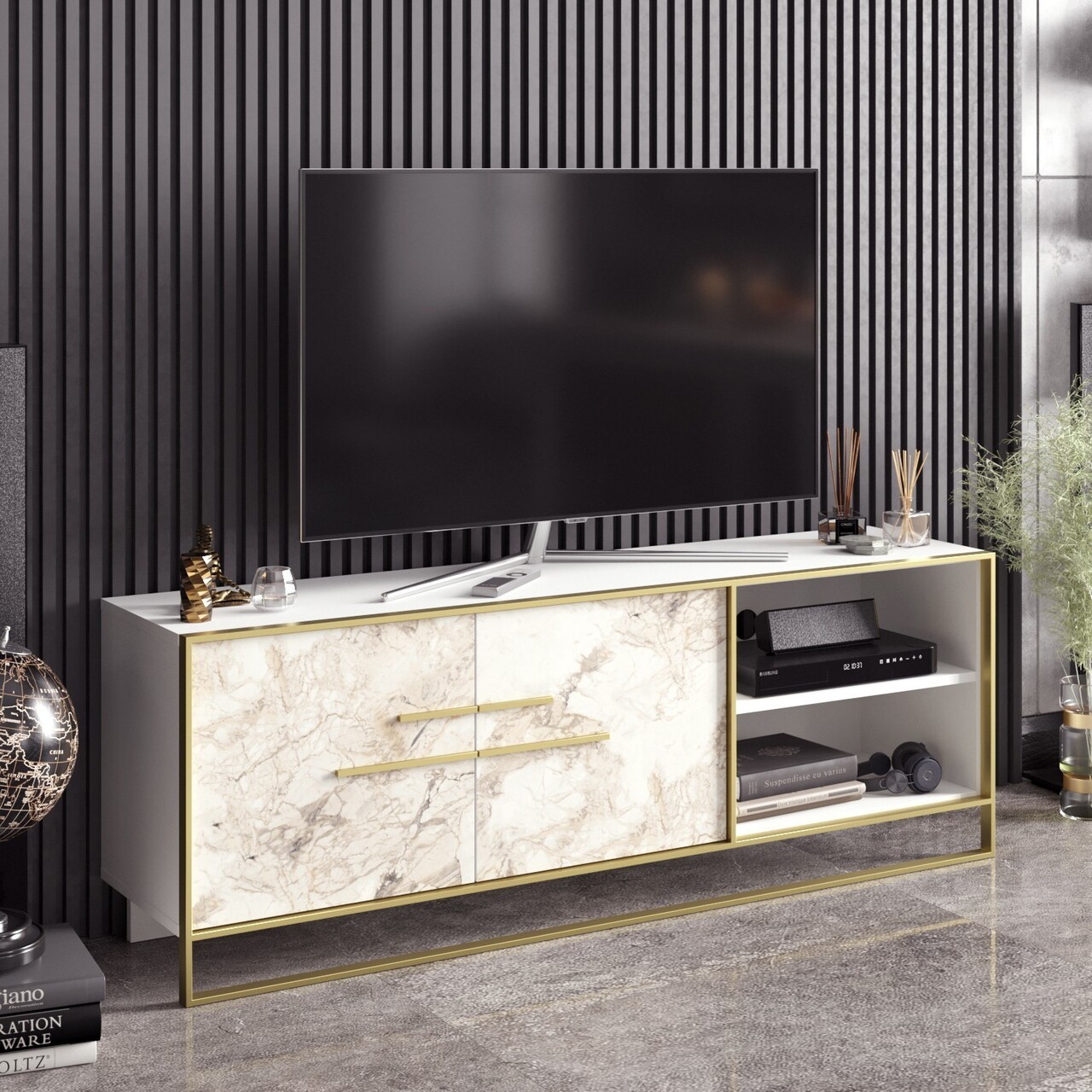 Comoda TV Polka, Zena Home, 160x38.5x56.6 cm, auriu/alb - imagine 7